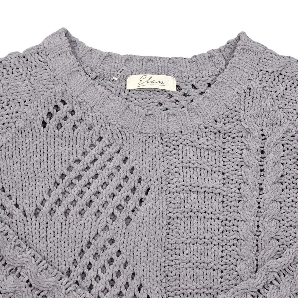Elan Grey Cable‎ Chunky Knit Fringe Detail Front Sweater Size Medium - Picture 5 of 11